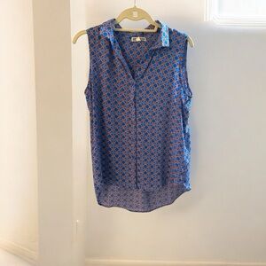 Like New Pleione Long Collared High Low Sleeveless Blouse Blue and Red Design M